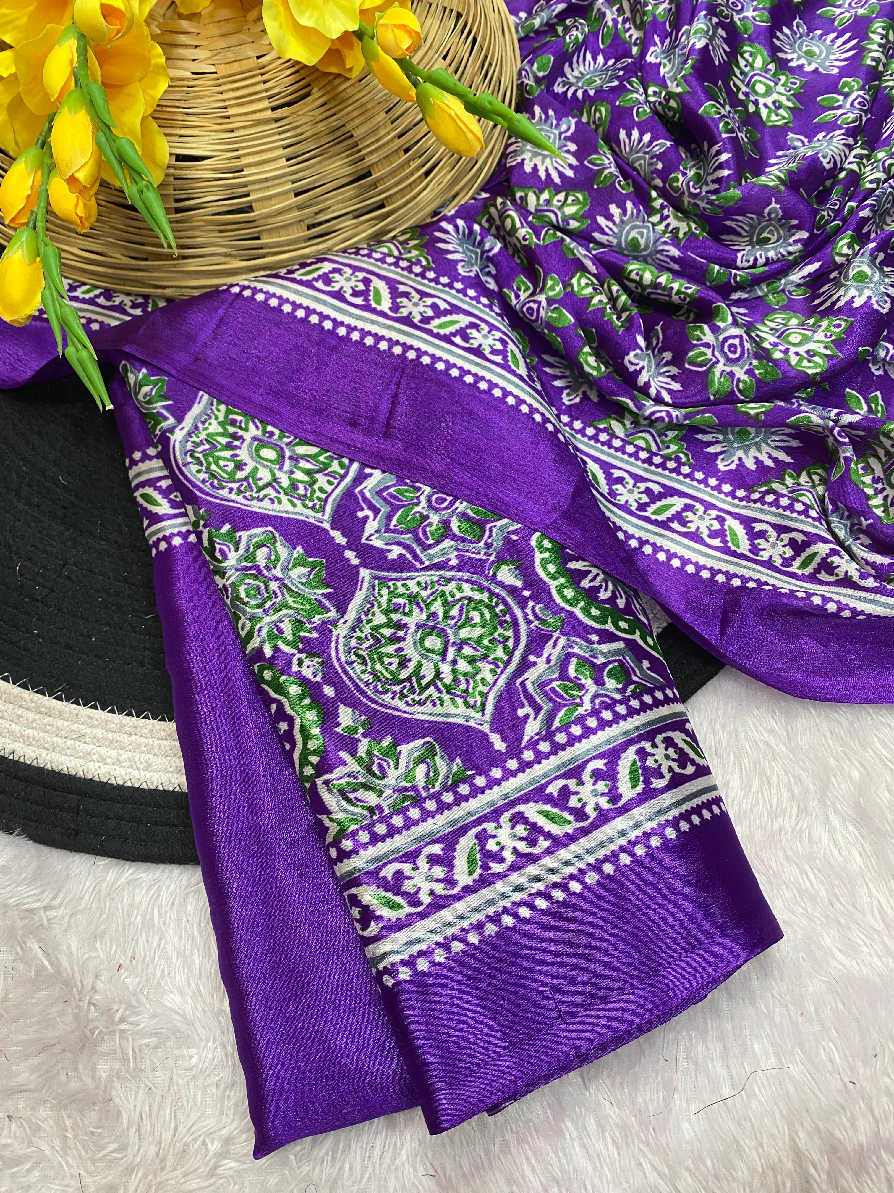 Bhandani Print Moss chiffon Purple saree with mirror work Border