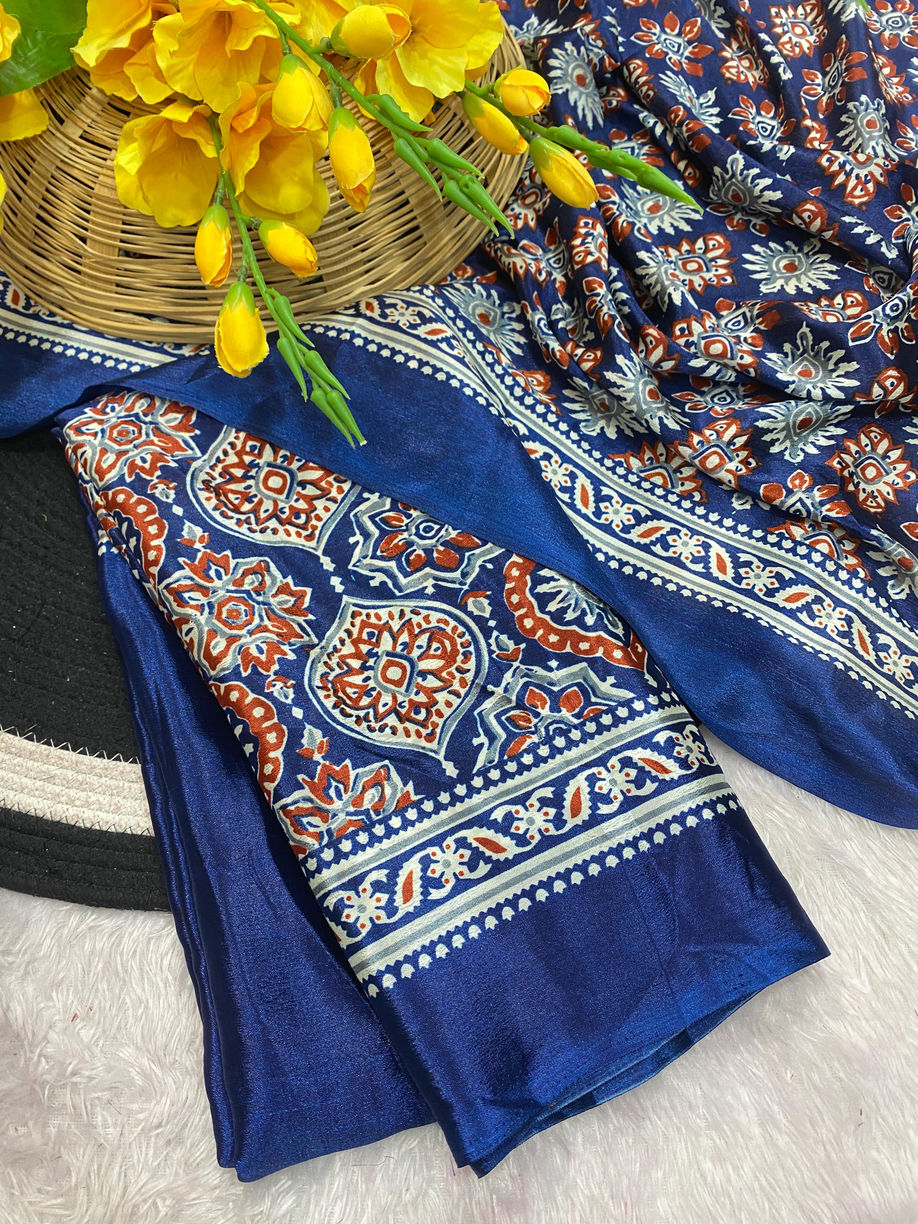 Bhandani Print Moss chiffon Blue saree with mirror work Border