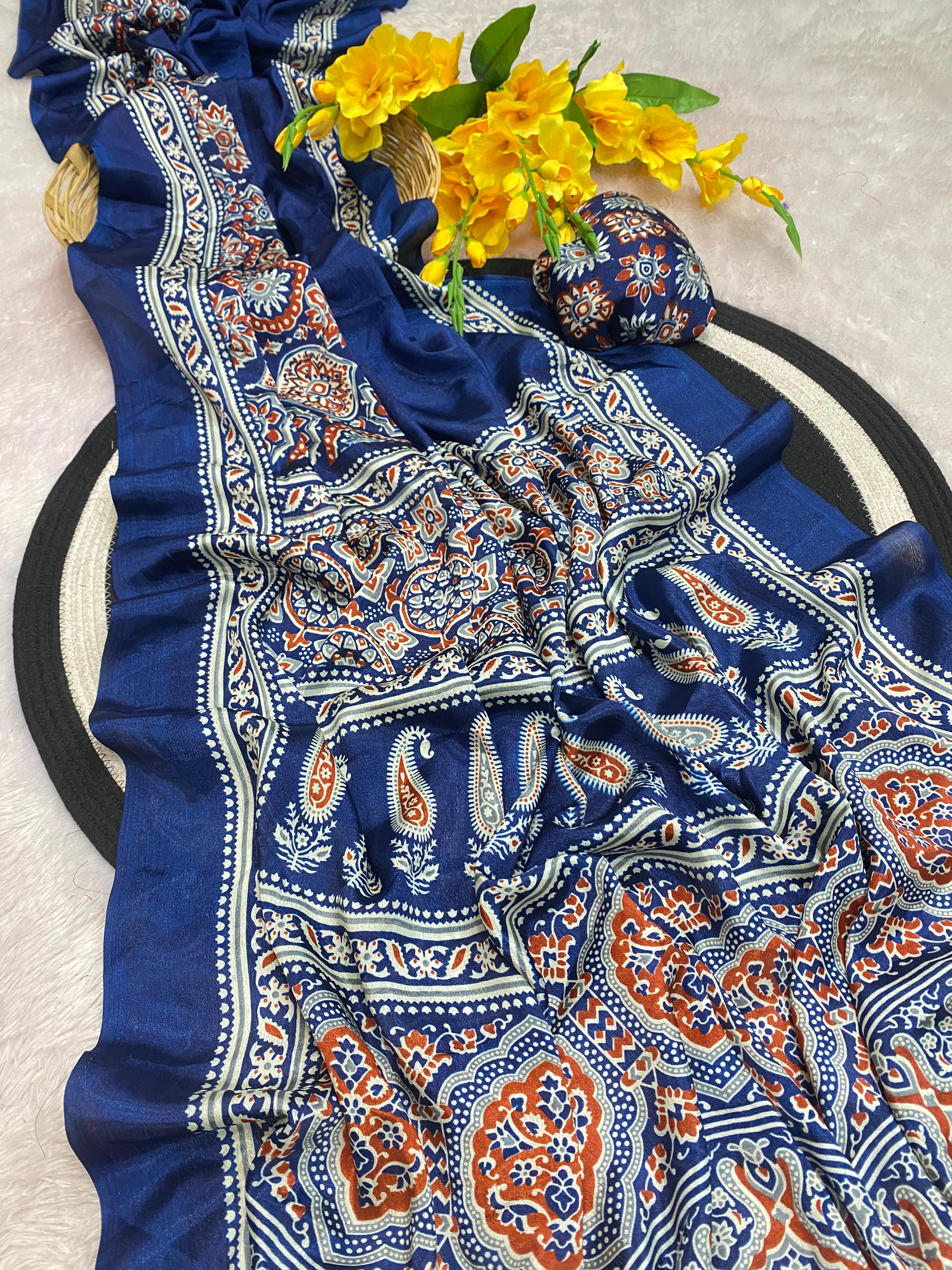 Bhandani Print Moss chiffon Blue saree with mirror work Border