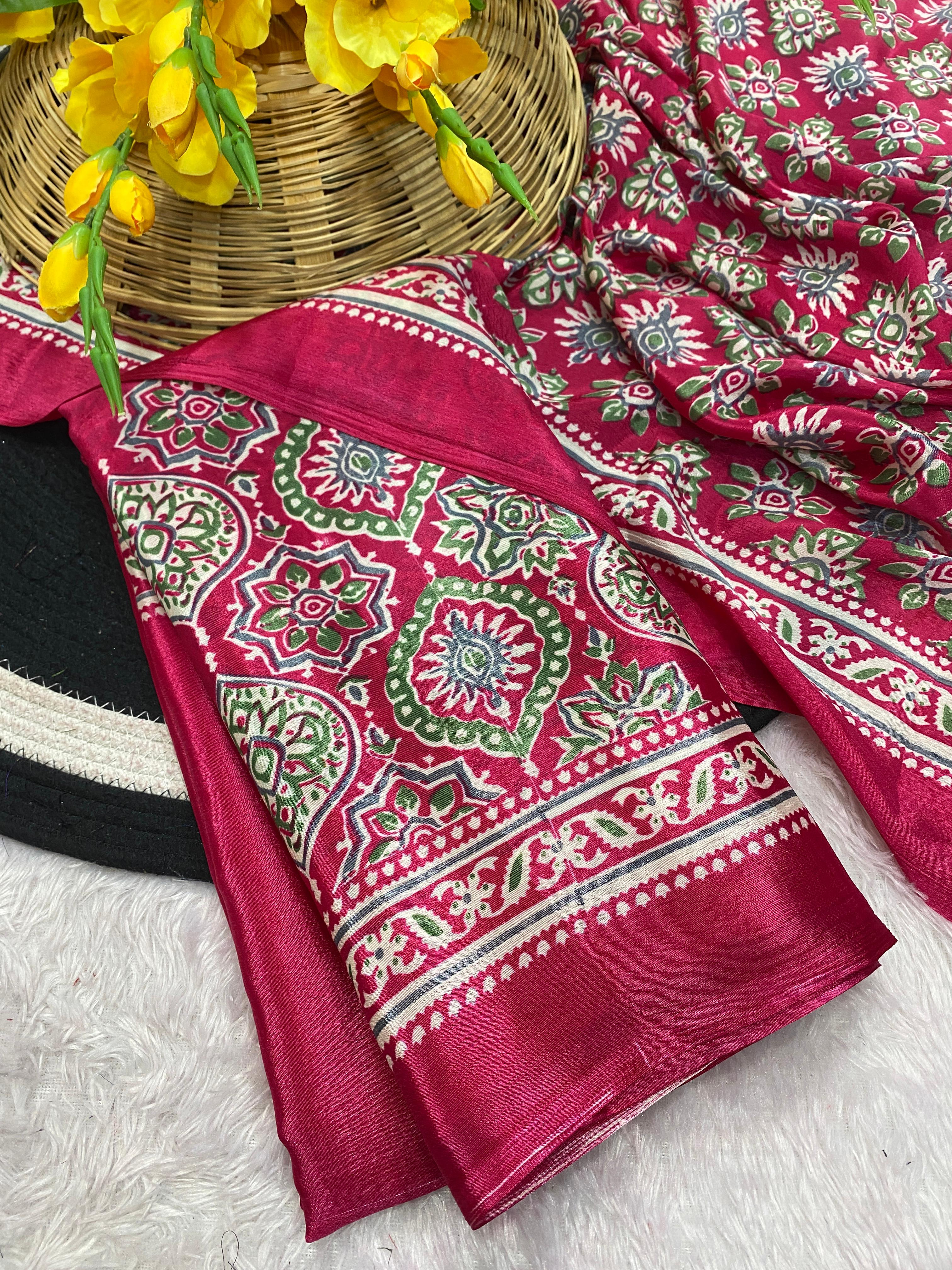 Bhandani Print Moss chiffon Pink saree with mirror work Border