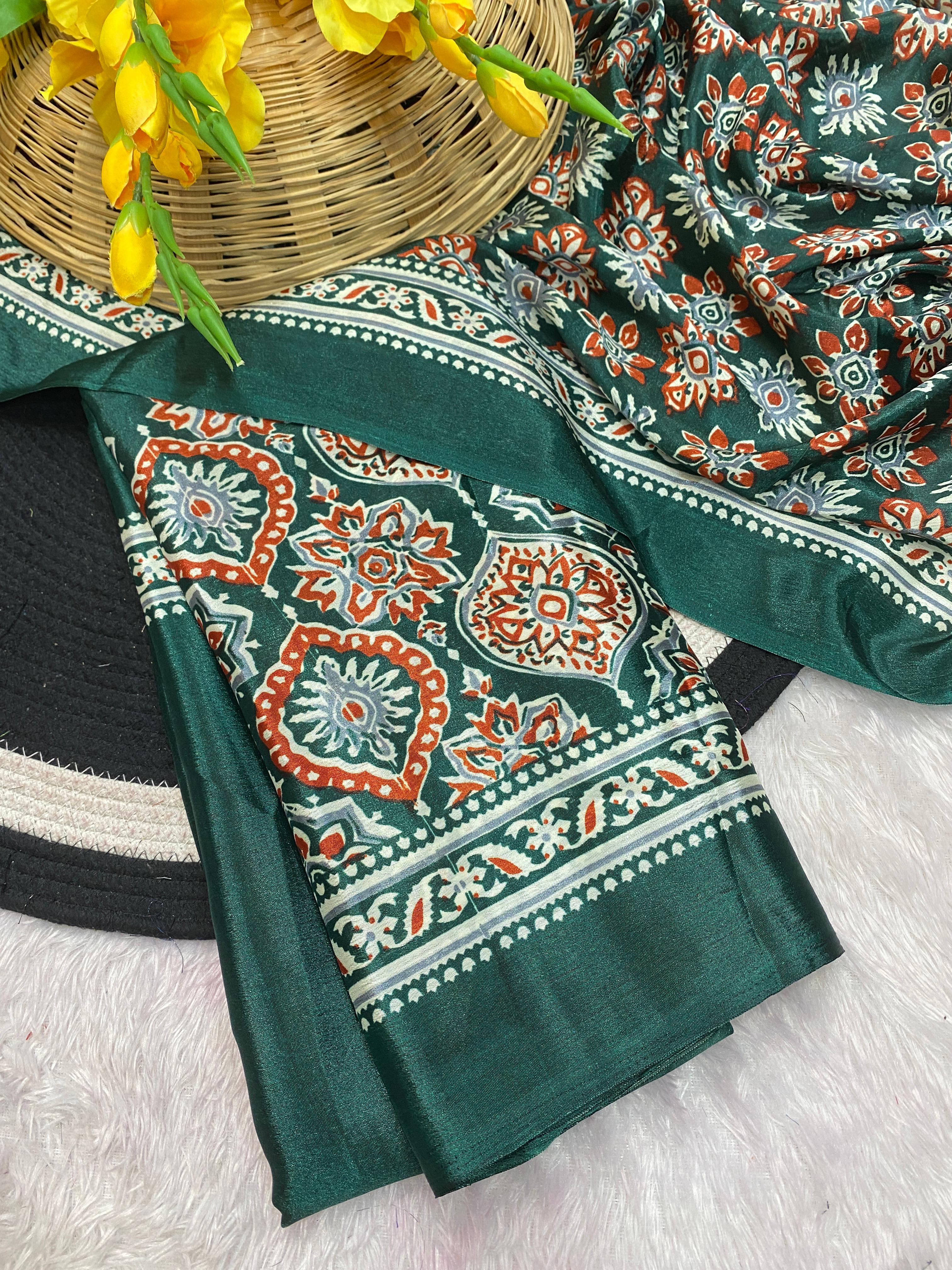 Bhandani Print Moss chiffon Green saree with mirror work Border