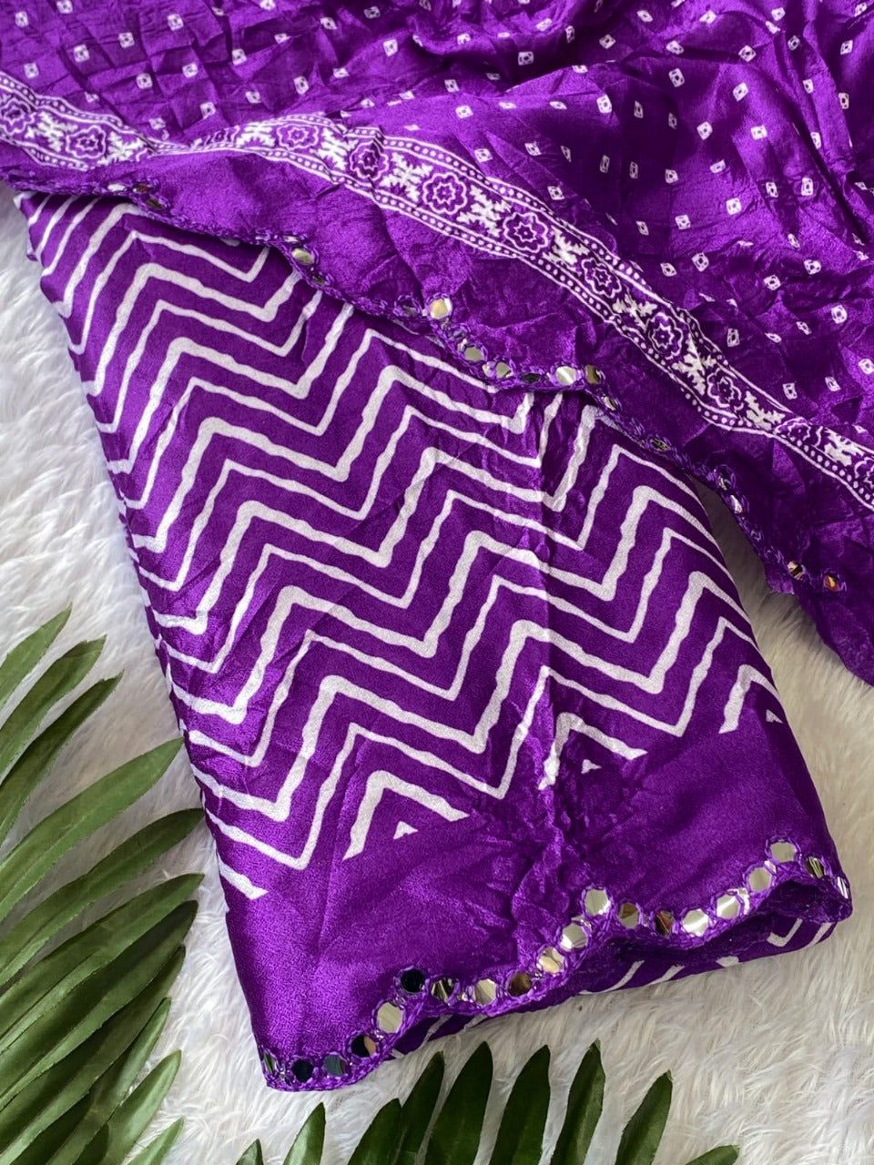 Crush Bandhani Print Moss Silk Purple Saree with Mirror Border and Running Blouse