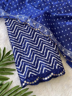 Crush Bandhani Print Moss Silk Blue Saree with Mirror Border and Running Blouse
