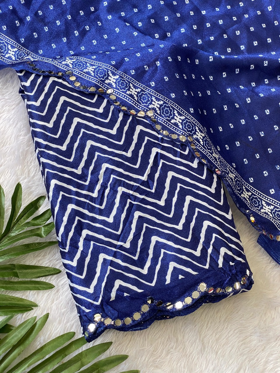 Crush Bandhani Print Moss Silk Blue Saree with Mirror Border and Running Blouse