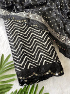 Crush Bandhani Print Moss Silk Black Saree with Mirror Border and Running Blouse