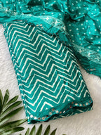 Crush Bandhani Print Moss Silk Teal Saree with Mirror Border and Running Blouse