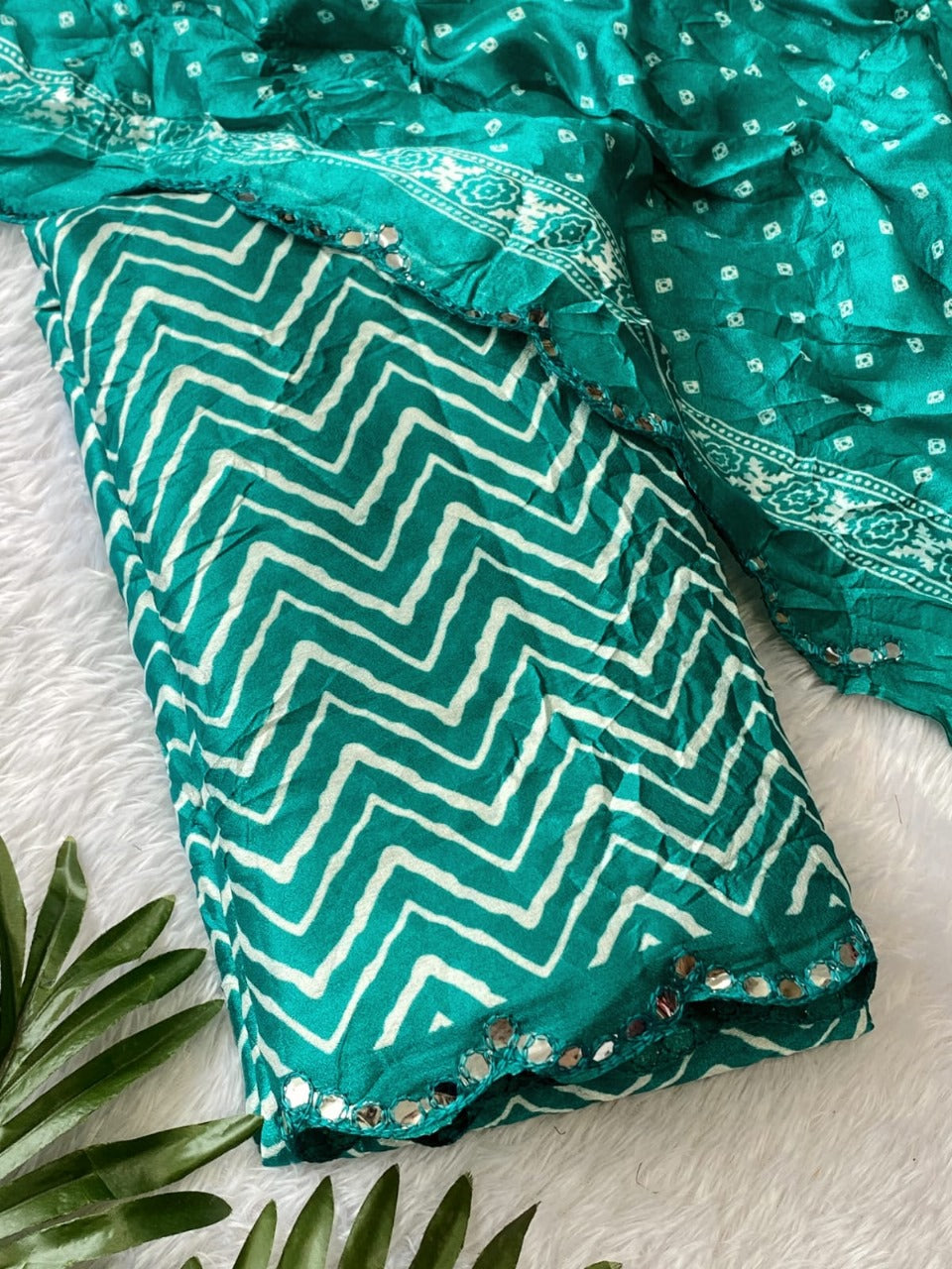 Crush Bandhani Print Moss Silk Teal Saree with Mirror Border and Running Blouse
