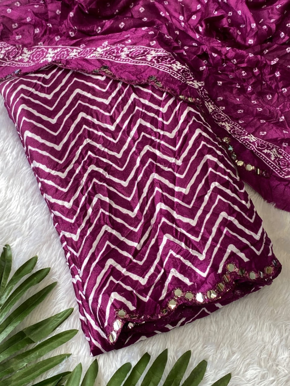 Crush Bandhani Print Moss Silk Wine Saree with Mirror Border and Running Blouse