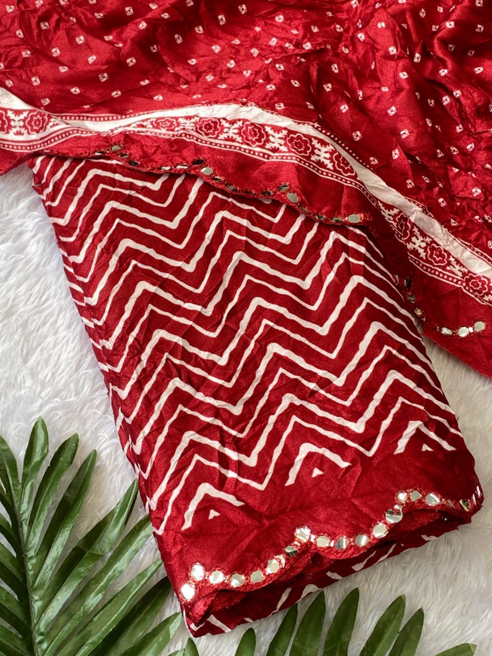 Crush Bandhani Print Moss Silk Maroon Saree with Mirror Border and Running Blouse