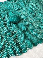 Crush Bandhani Print Moss Silk Teal Saree with Mirror Border and Running Blouse