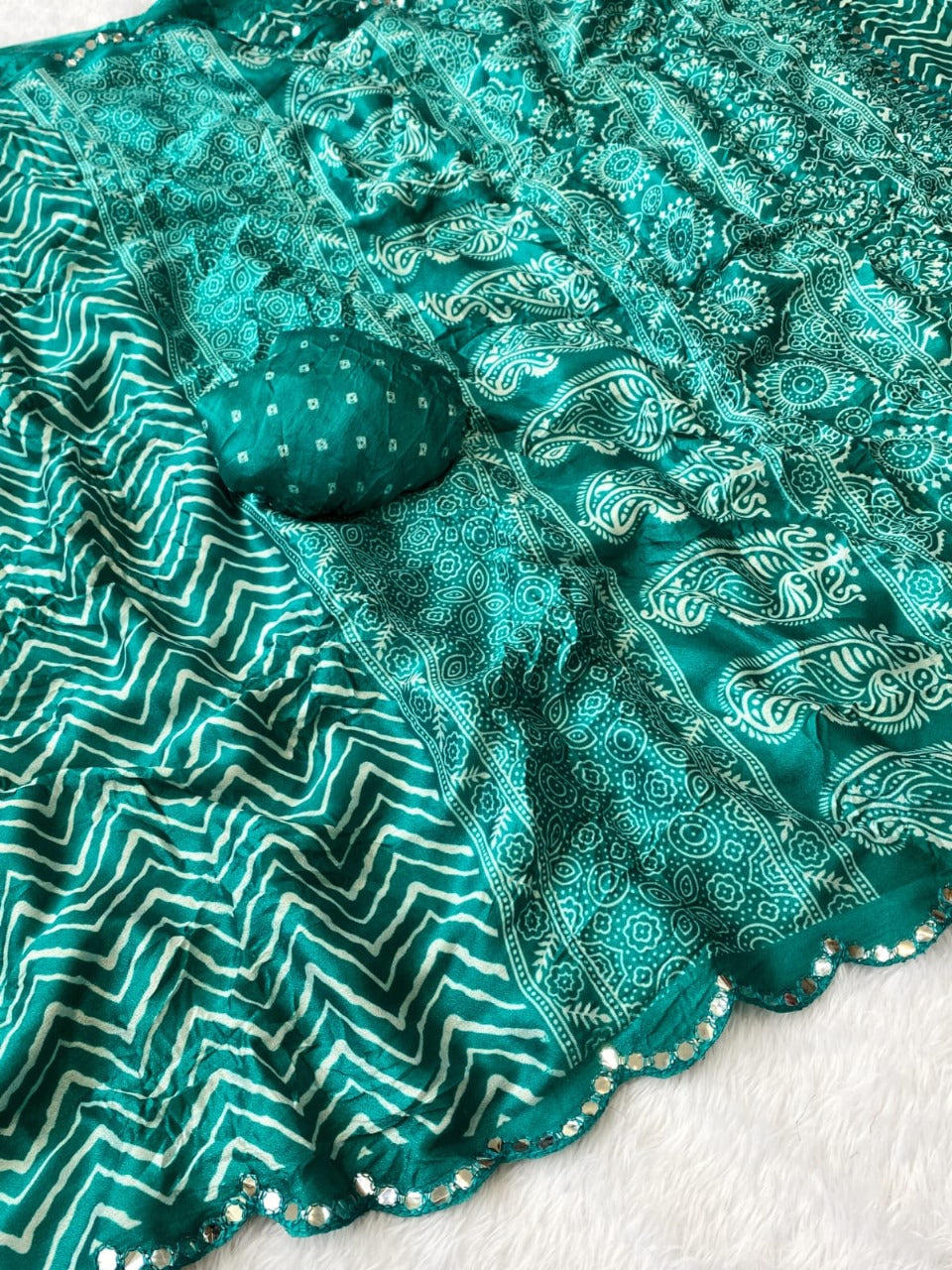 Crush Bandhani Print Moss Silk Teal Saree with Mirror Border and Running Blouse