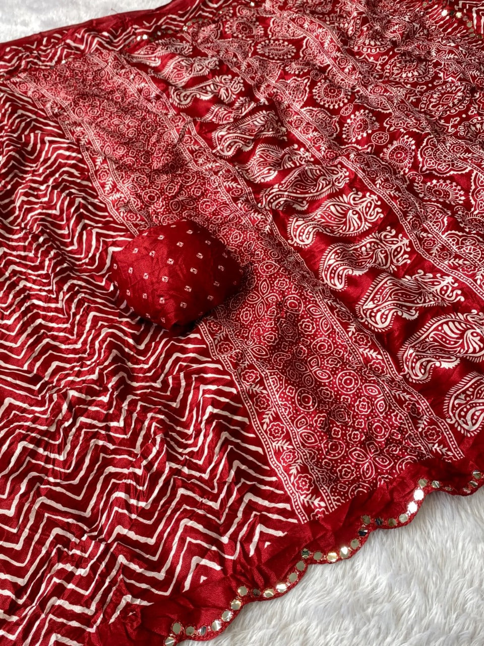 Crush Bandhani Print Moss Silk Maroon Saree with Mirror Border and Running Blouse