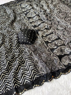 Crush Bandhani Print Moss Silk Black Saree with Mirror Border and Running Blouse