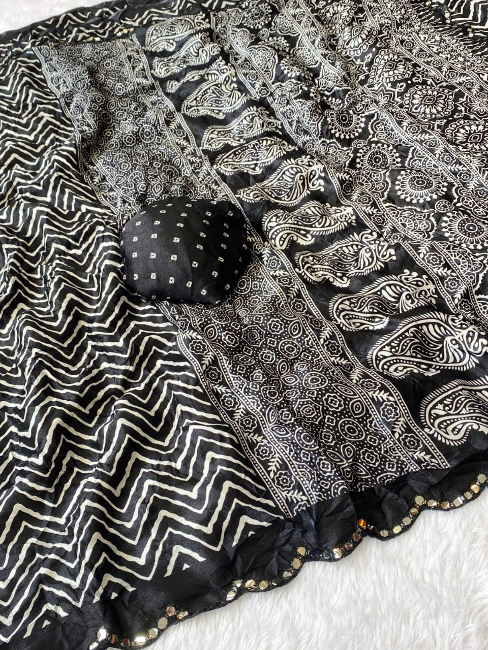 Crush Bandhani Print Moss Silk Black Saree with Mirror Border and Running Blouse