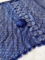Crush Bandhani Print Moss Silk Blue Saree with Mirror Border and Running Blouse