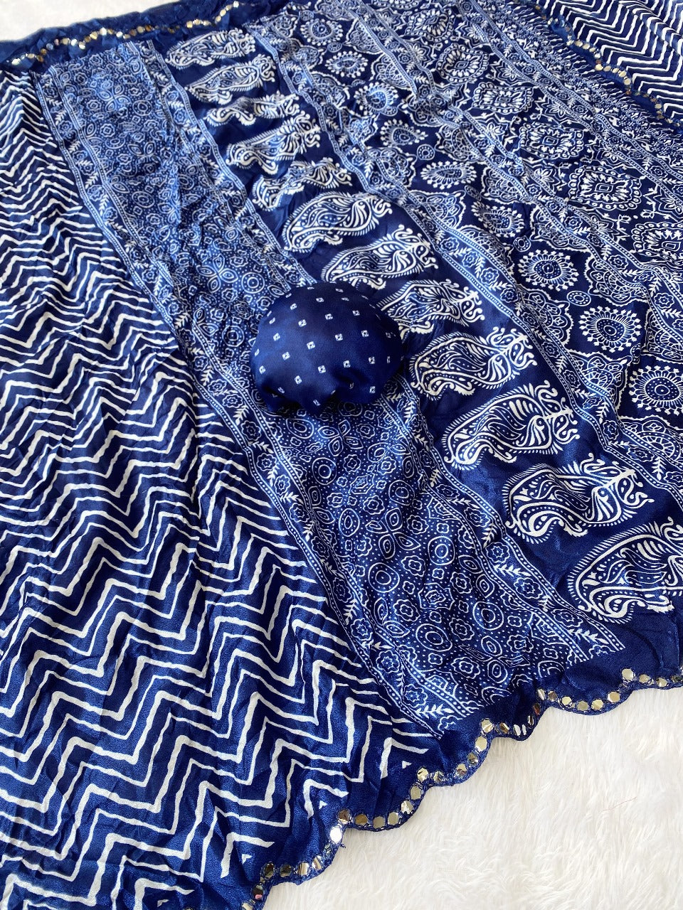 Crush Bandhani Print Moss Silk Blue Saree with Mirror Border and Running Blouse