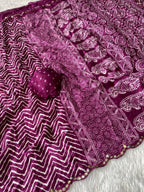 Crush Bandhani Print Moss Silk Wine Saree with Mirror Border and Running Blouse
