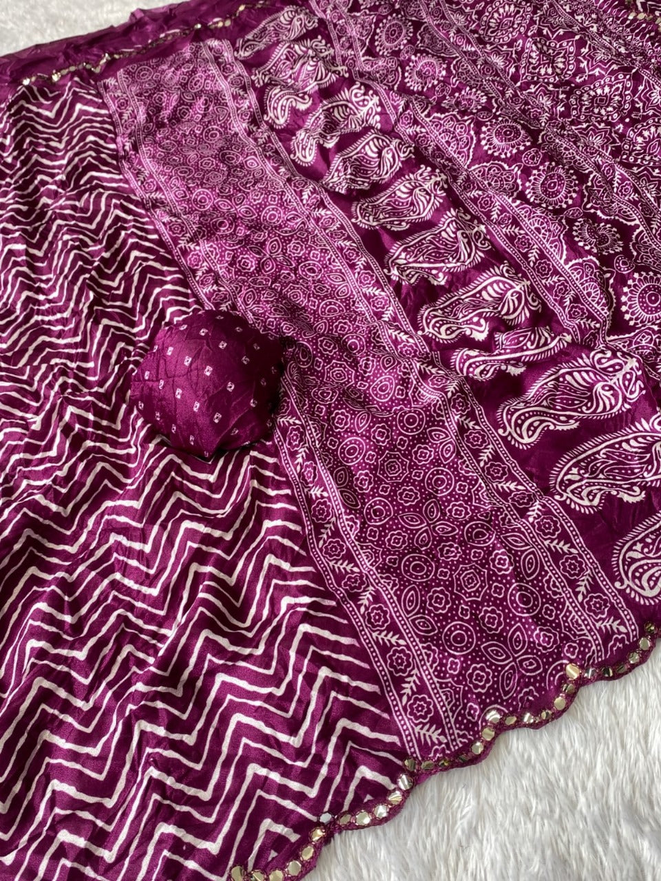 Crush Bandhani Print Moss Silk Wine Saree with Mirror Border and Running Blouse