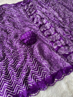Crush Bandhani Print Moss Silk Purple Saree with Mirror Border and Running Blouse
