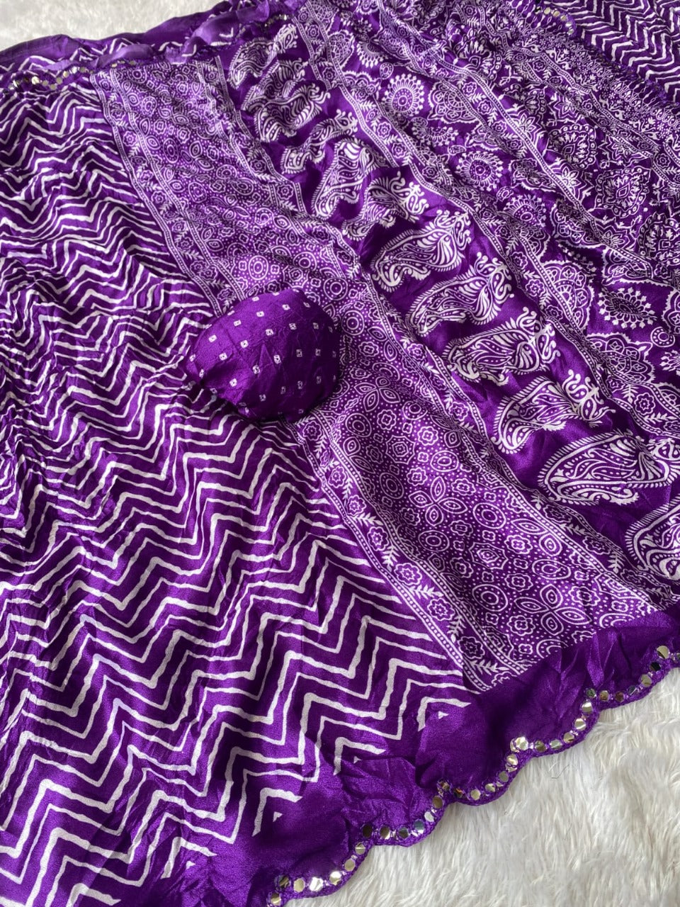 Crush Bandhani Print Moss Silk Purple Saree with Mirror Border and Running Blouse