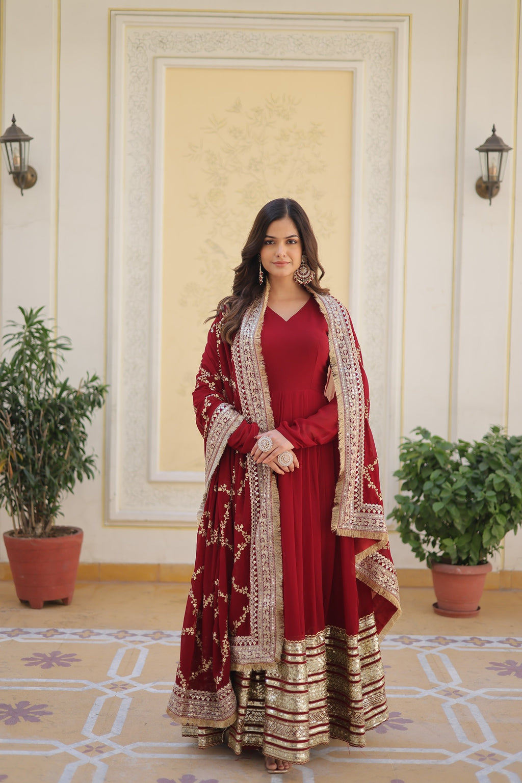 Maroon Faux Blooming Gown with Embroidery, Zari & Sequins Work – Elegant Ethnic Wear