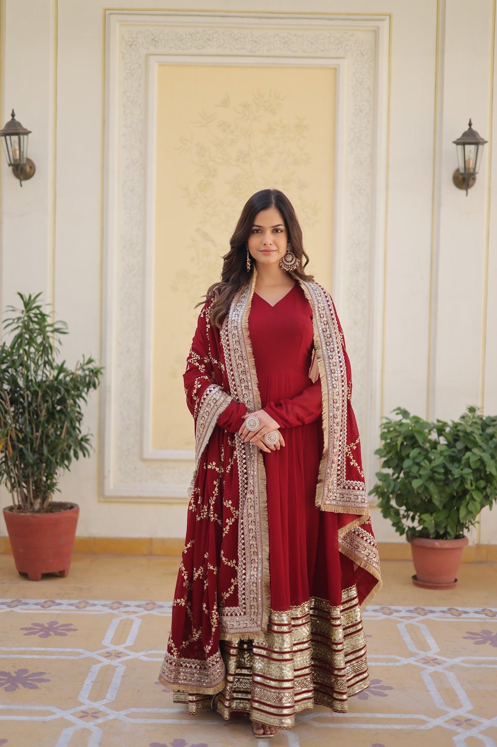 Maroon Faux Blooming Gown with Embroidery, Zari & Sequins Work – Elegant Ethnic Wear
