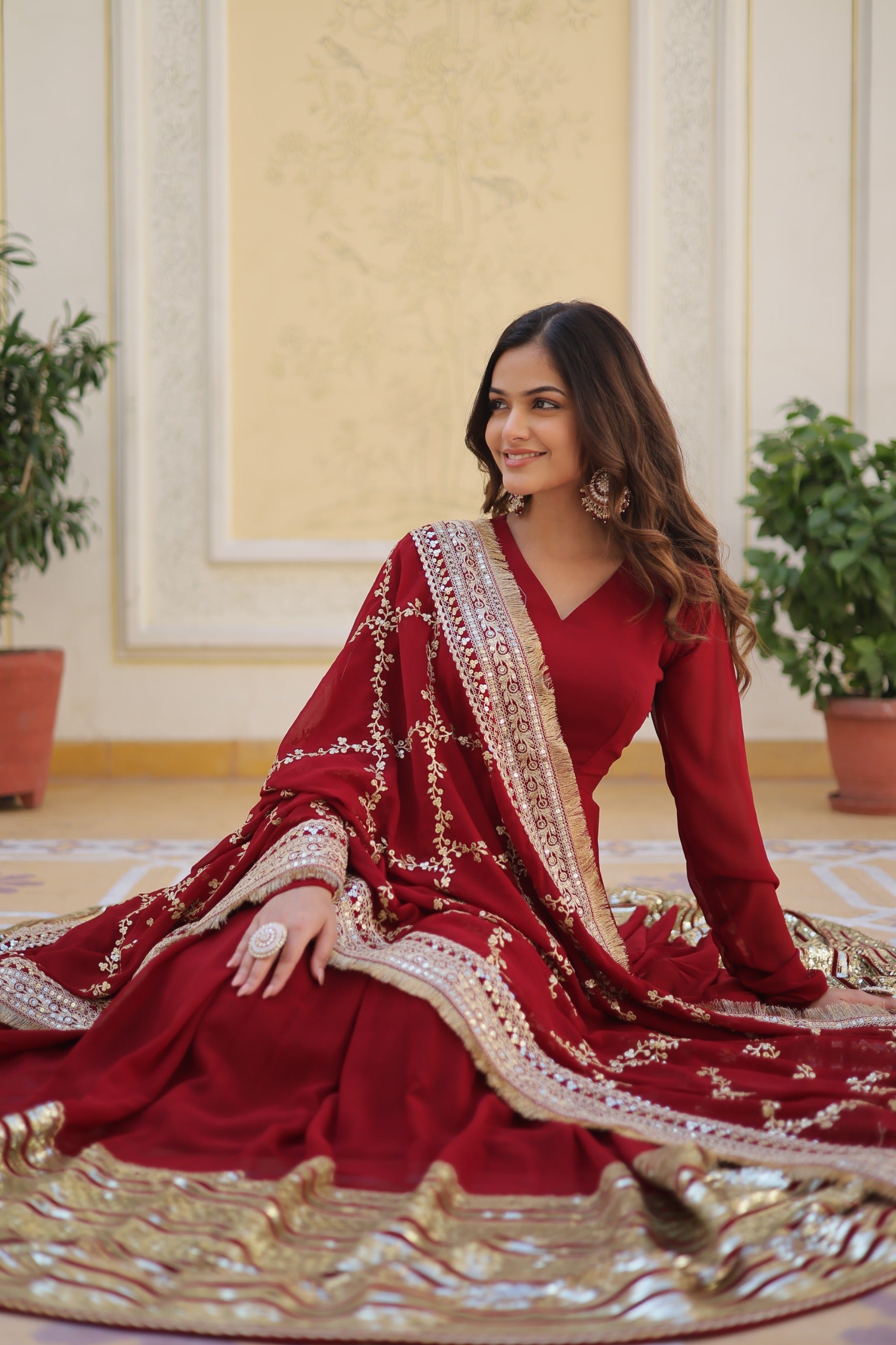 Maroon Faux Blooming Gown with Embroidery, Zari & Sequins Work – Elegant Ethnic Wear