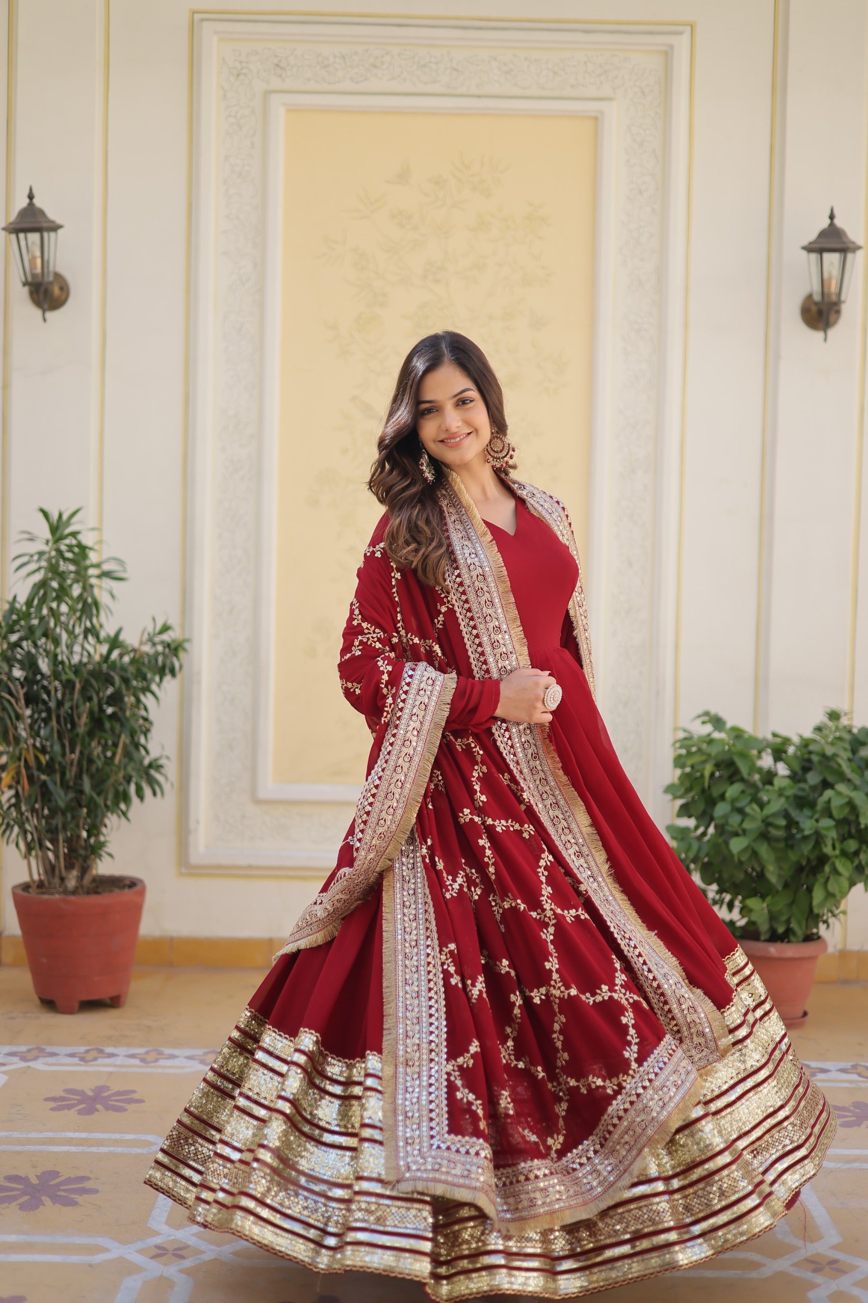 Maroon Faux Blooming Gown with Embroidery, Zari & Sequins Work – Elegant Ethnic Wear