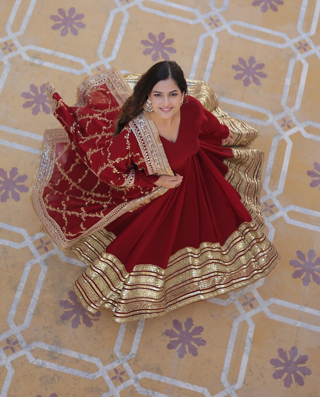 Maroon Faux Blooming Gown with Embroidery, Zari & Sequins Work – Elegant Ethnic Wear