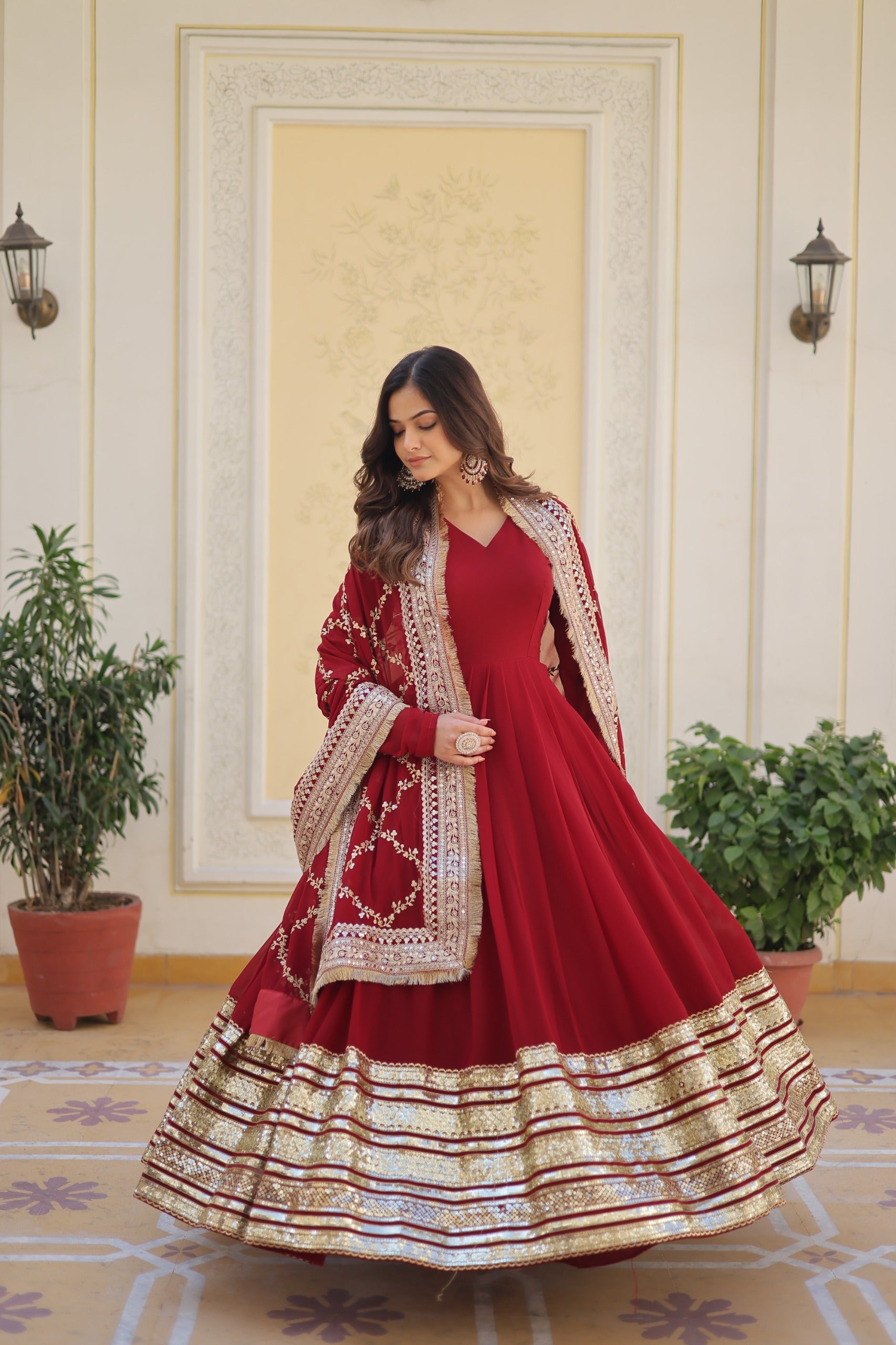 Maroon Faux Blooming Gown with Embroidery, Zari & Sequins Work – Elegant Ethnic Wear