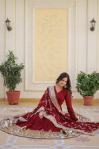 Maroon Faux Blooming Gown with Embroidery, Zari & Sequins Work – Elegant Ethnic Wear