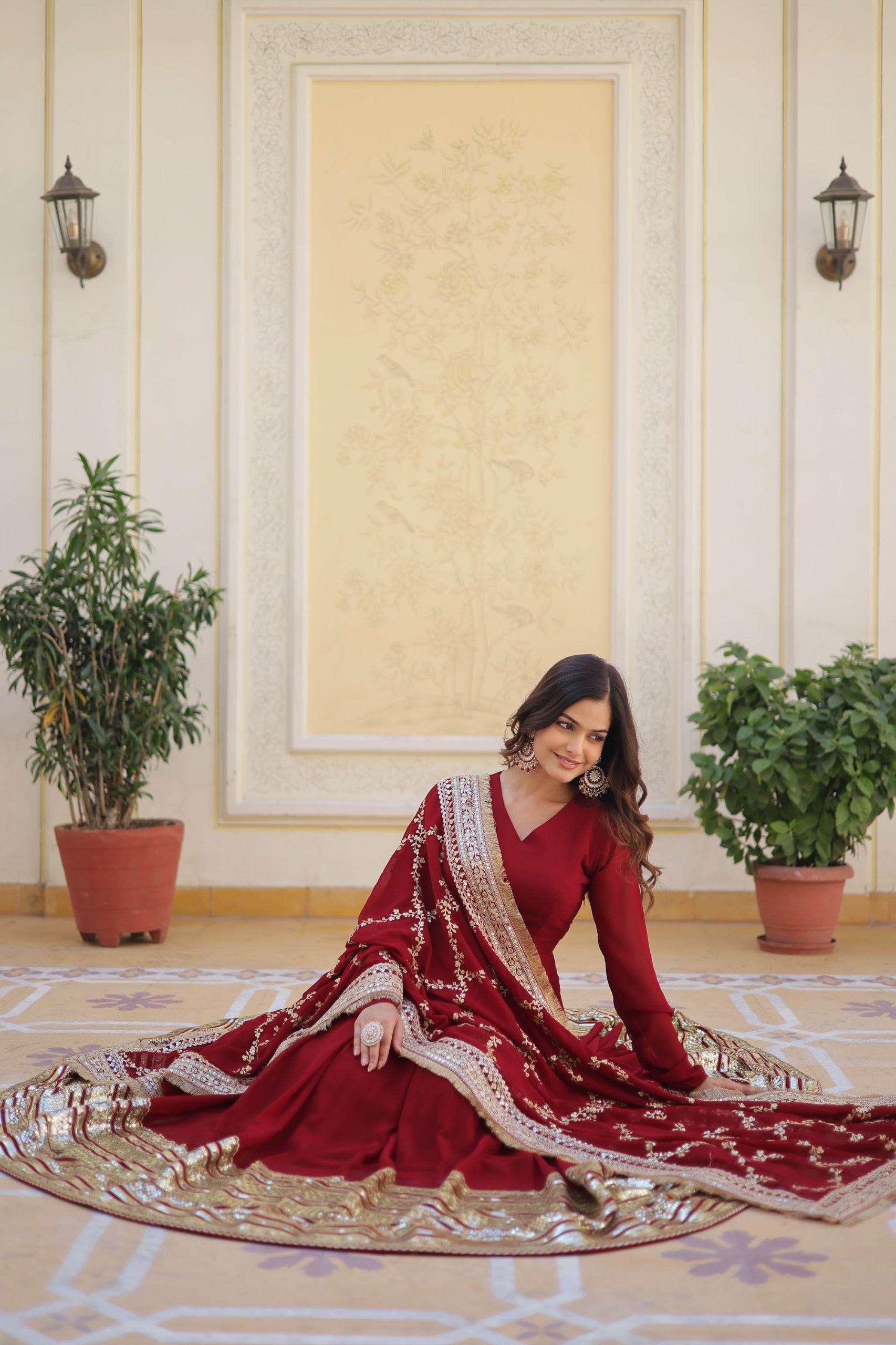 Maroon Faux Blooming Gown with Embroidery, Zari & Sequins Work – Elegant Ethnic Wear