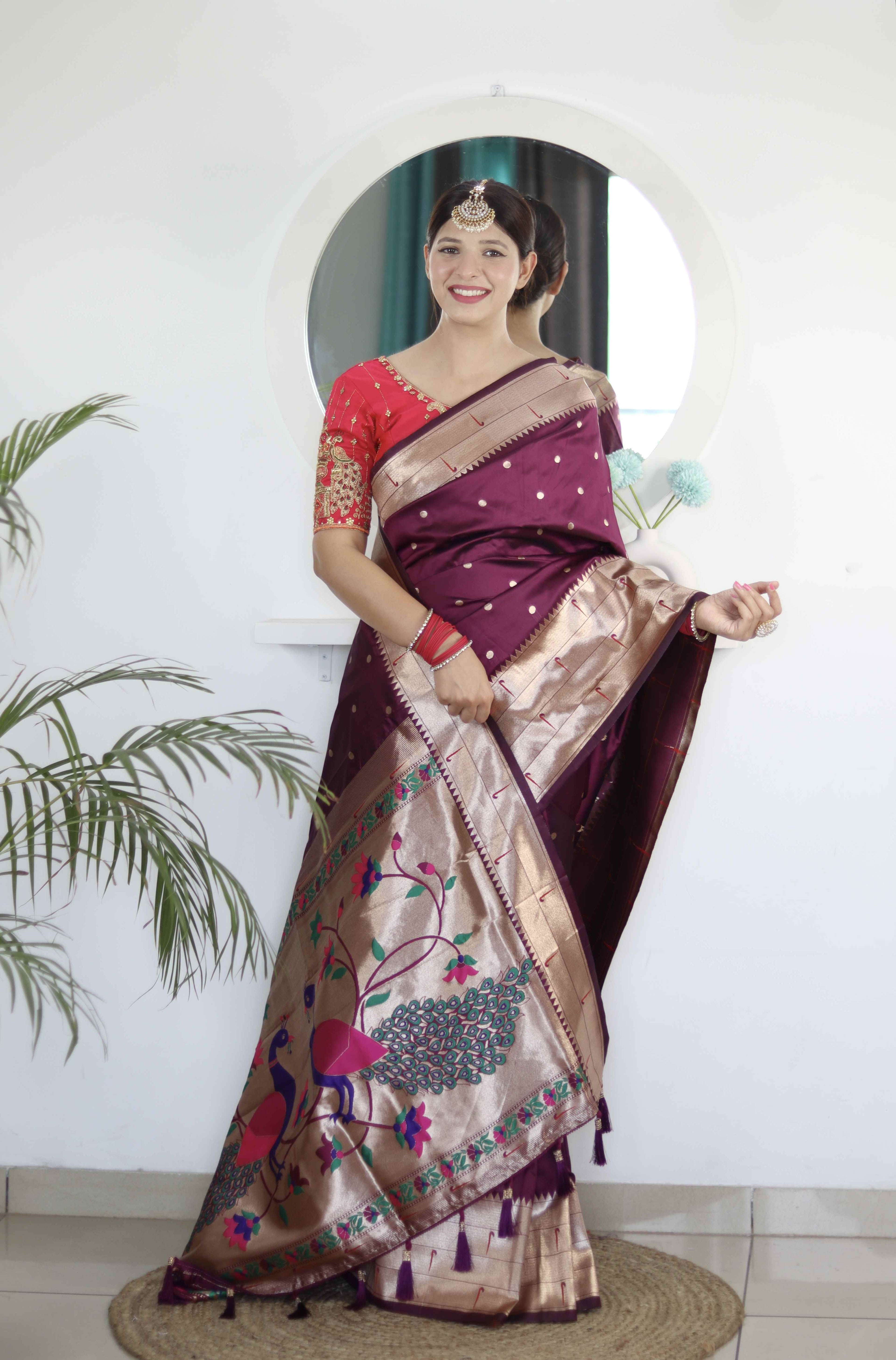 Wine Soft Paithani Silk Saree with Zari Motifs, Meenakari Rich Pallu & Contrast Blouse