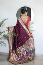 Wine Soft Paithani Silk Saree with Zari Motifs, Meenakari Rich Pallu & Contrast Blouse
