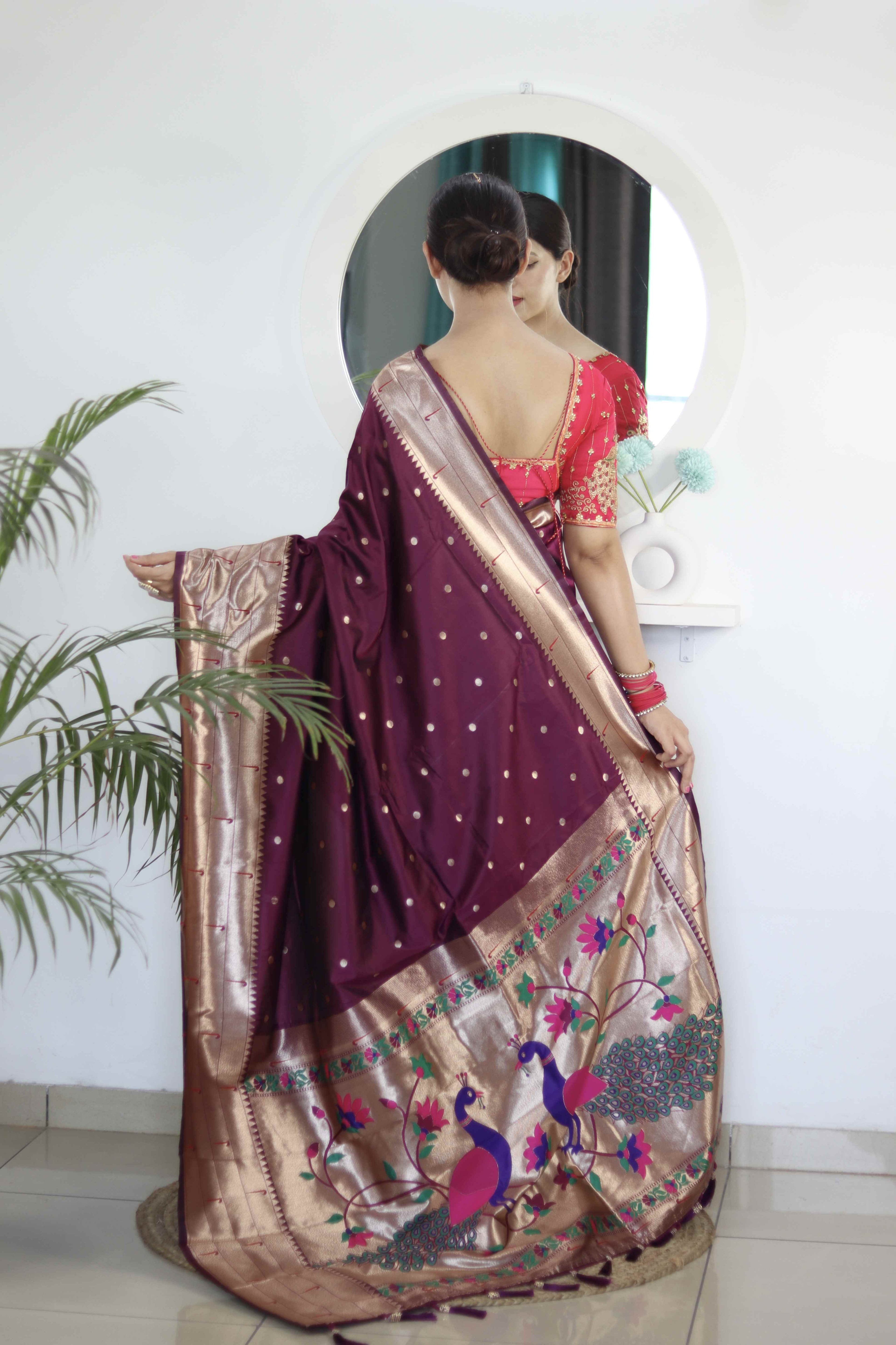 Wine Soft Paithani Silk Saree with Zari Motifs, Meenakari Rich Pallu & Contrast Blouse