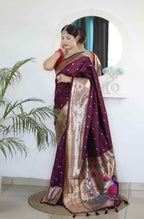 Wine Soft Paithani Silk Saree with Zari Motifs, Meenakari Rich Pallu & Contrast Blouse