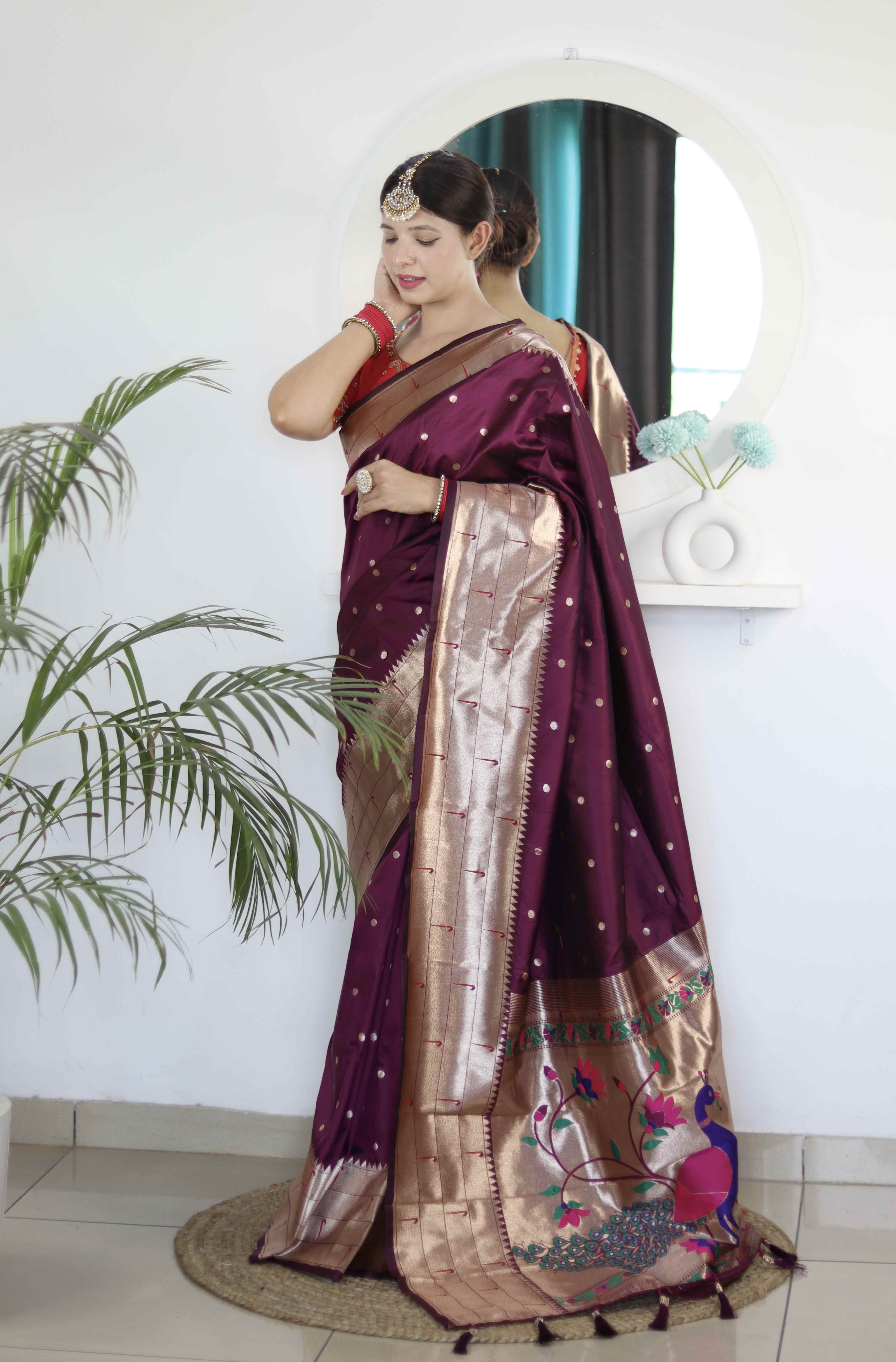 Wine Soft Paithani Silk Saree with Zari Motifs, Meenakari Rich Pallu & Contrast Blouse