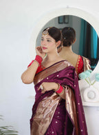 Wine Soft Paithani Silk Saree with Zari Motifs, Meenakari Rich Pallu & Contrast Blouse