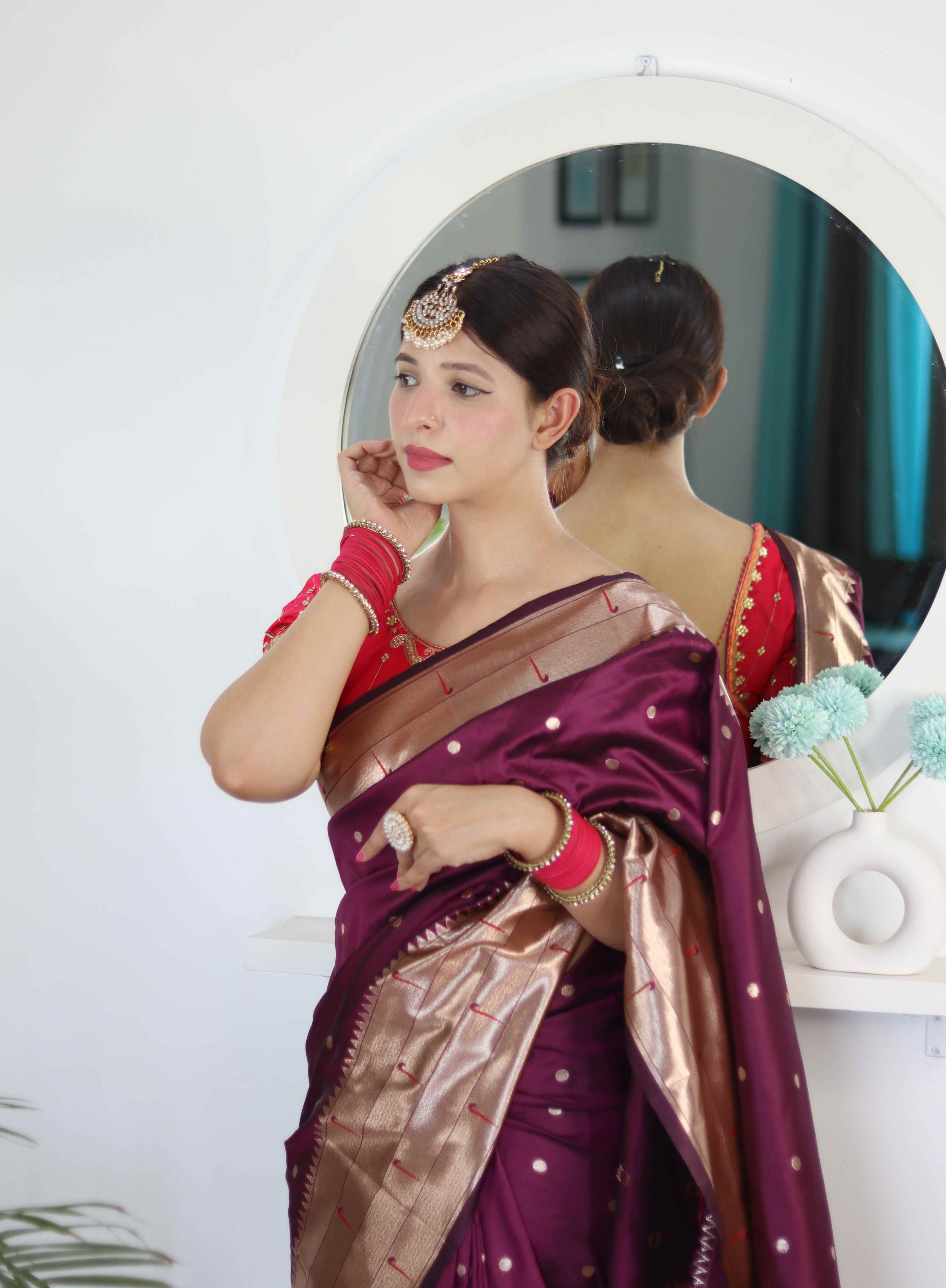 Wine Soft Paithani Silk Saree with Zari Motifs, Meenakari Rich Pallu & Contrast Blouse