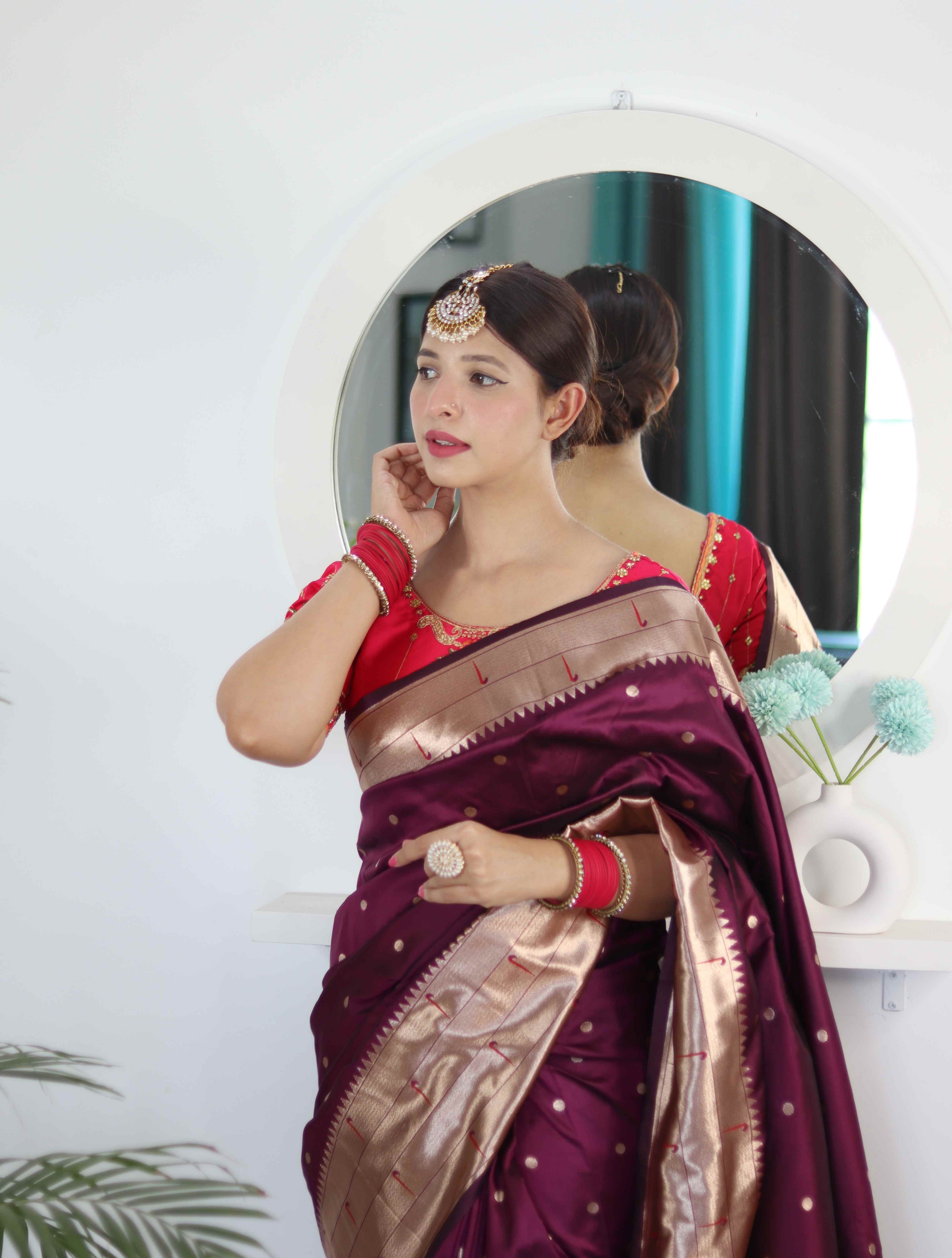 Wine Soft Paithani Silk Saree with Zari Motifs, Meenakari Rich Pallu & Contrast Blouse