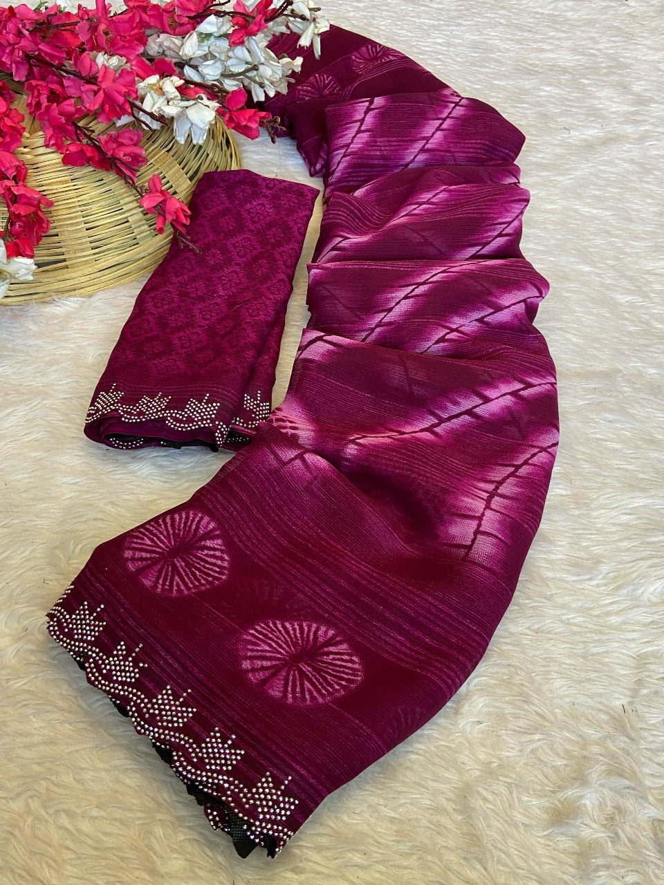 TRENDY NEW GEORGETTE PRISM  PRINTED WINE SAREE