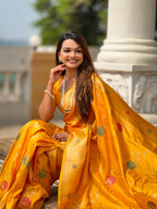 Yellow Designer Banarasi Silk Saree for Women –  Woven Floral Saree with Blouse