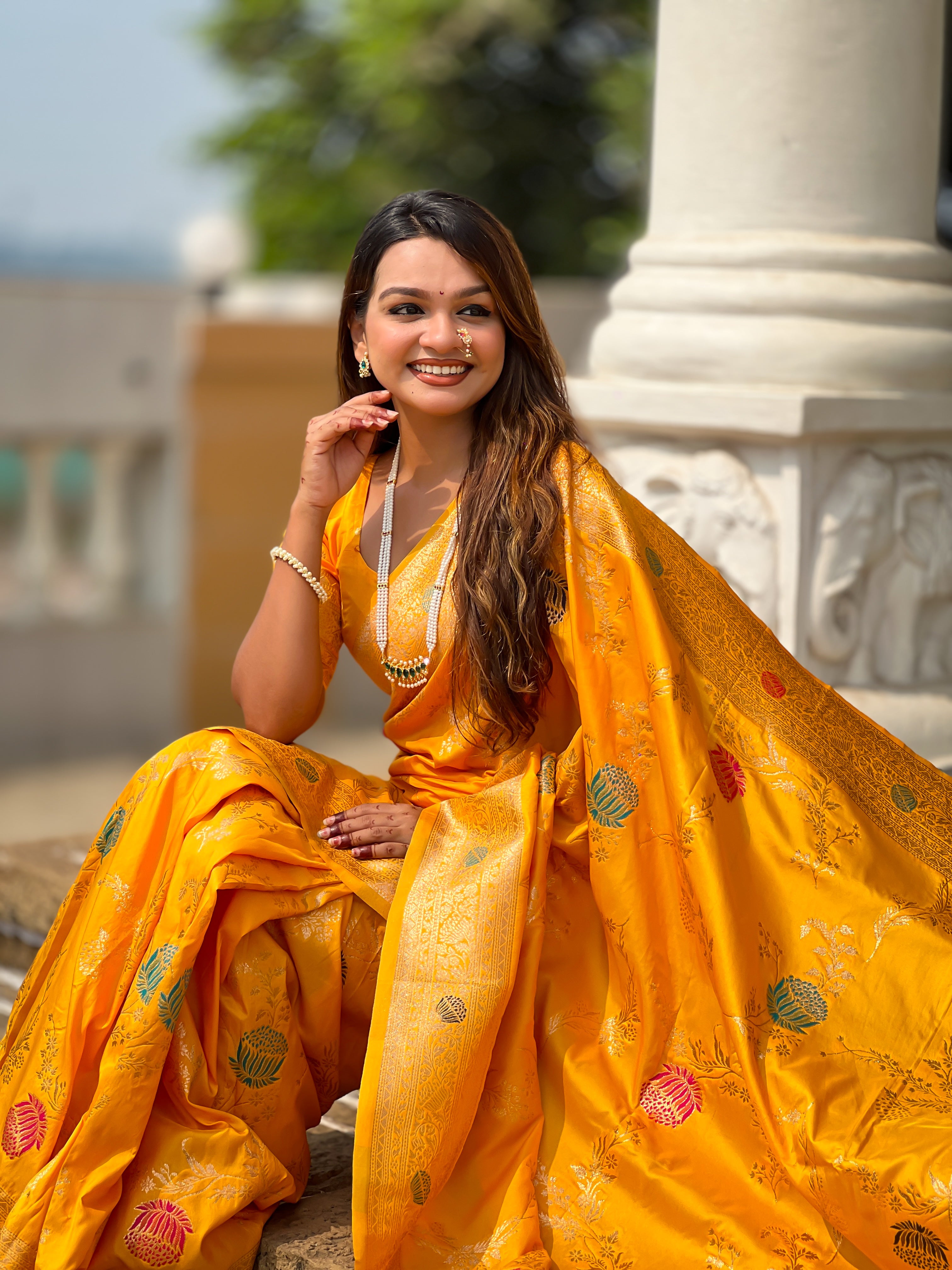 Yellow Designer Banarasi Silk Saree for Women –  Woven Floral Saree with Blouse