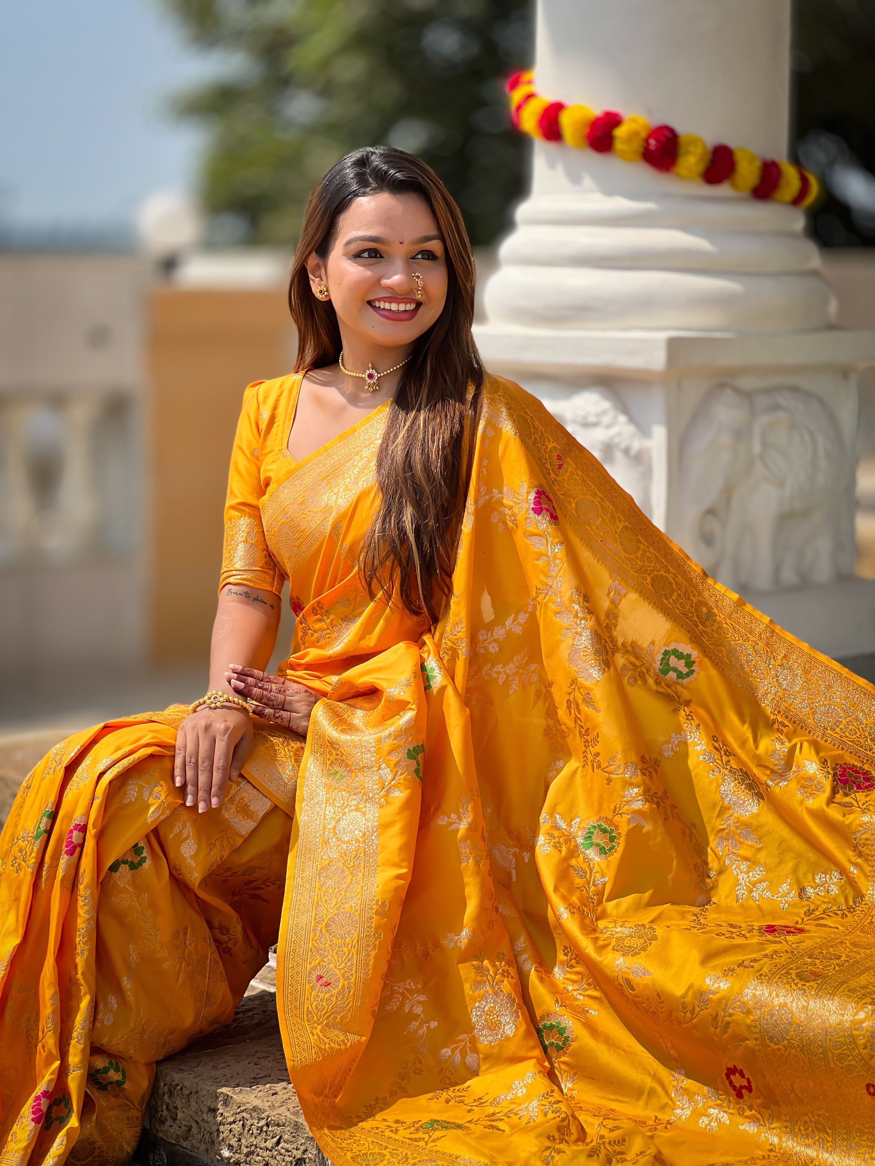 Yellow Varni Fabrics Women Floral Banarasi Silk Woven Saree comes With Matching Blouse
