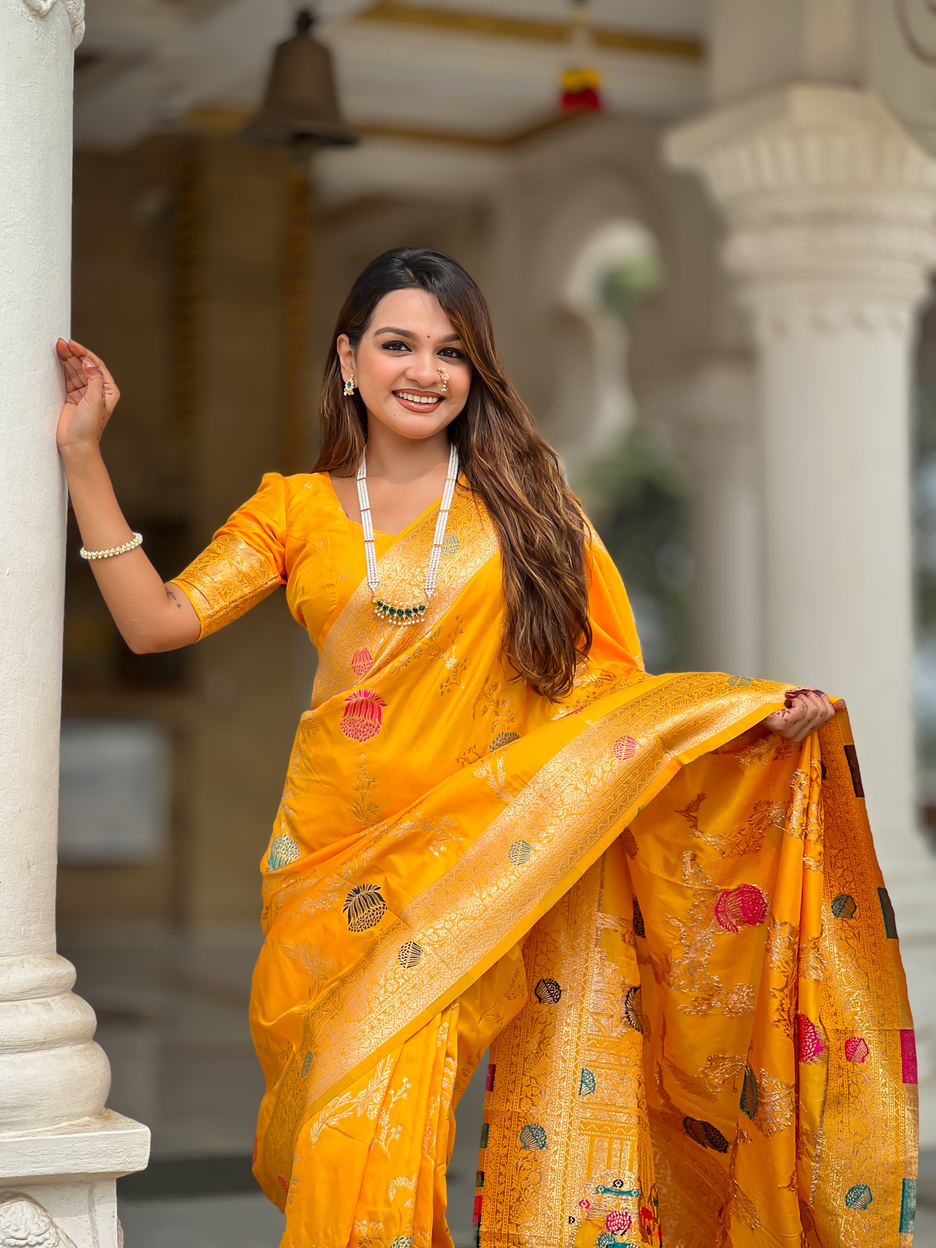 Yellow Designer Banarasi Silk Saree for Women –  Woven Floral Saree with Blouse