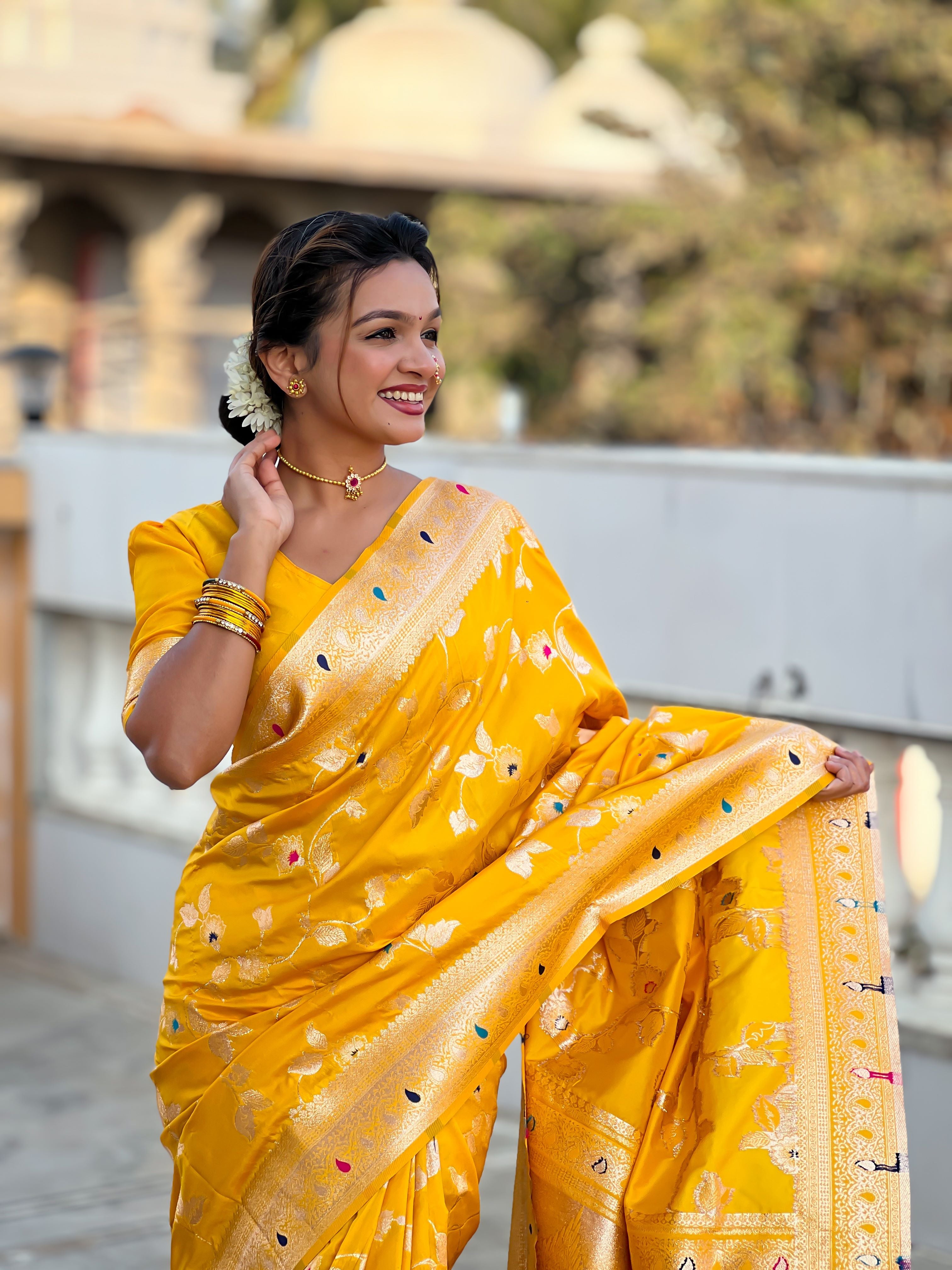 Yellow Varni Fabrics Women's Traditional Banarasi Silk Saree with Woven Design & Blouse