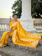 Yellow Varni Fabrics Women's Traditional Banarasi Silk Saree with Woven Design & Blouse