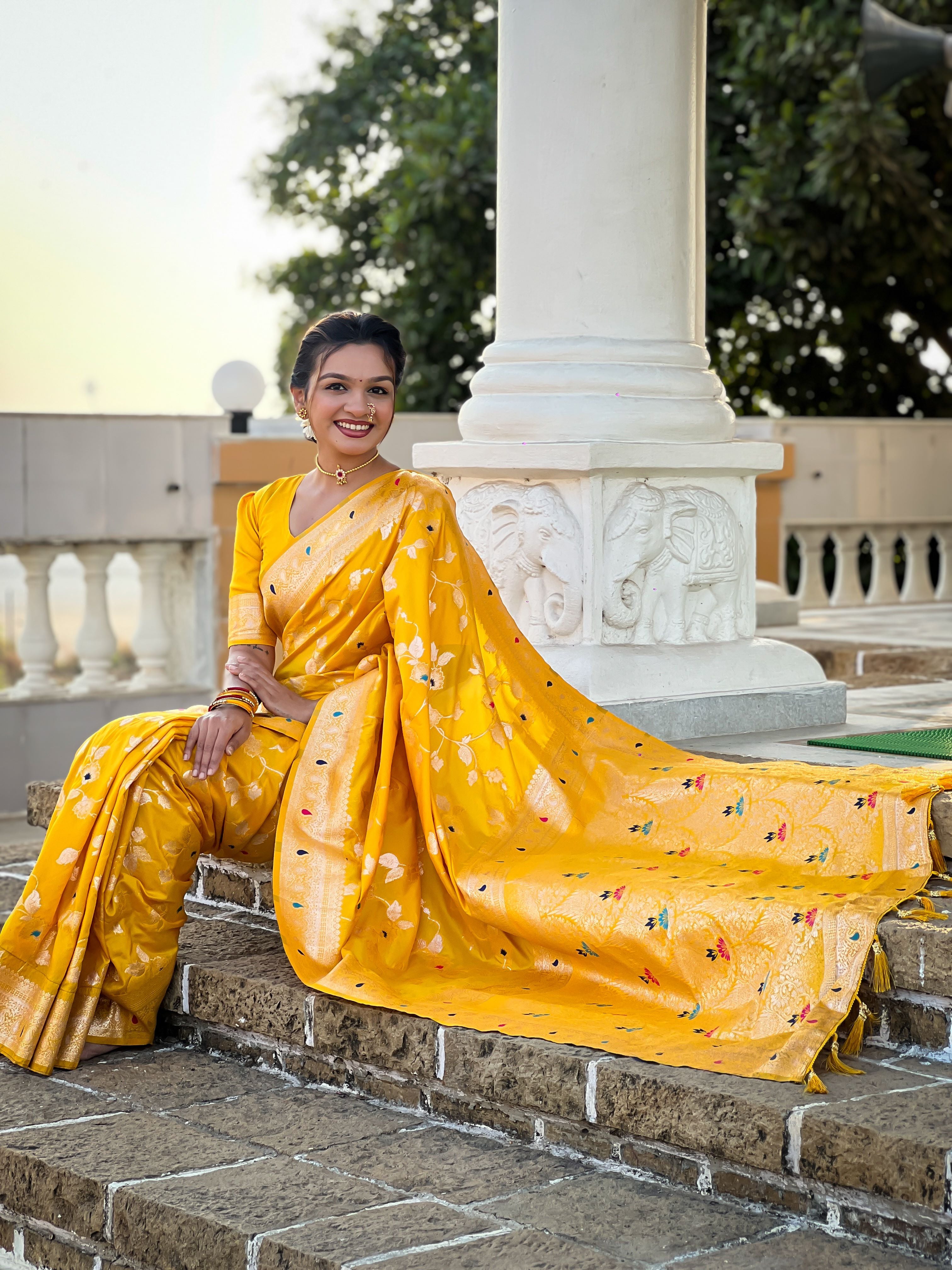 Yellow Varni Fabrics Women's Traditional Banarasi Silk Saree with Woven Design & Blouse
