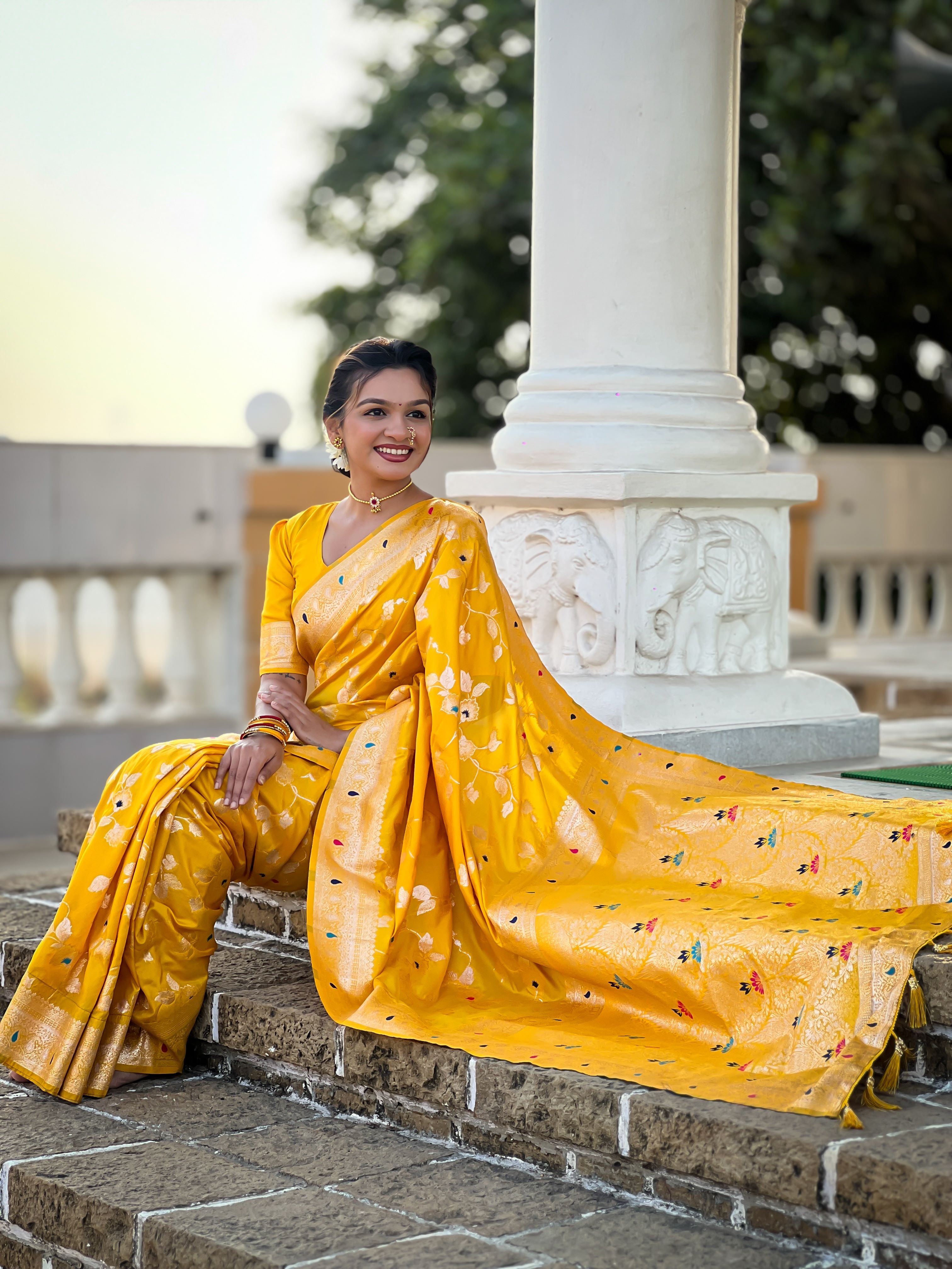 Yellow Varni Fabrics Women's Traditional Banarasi Silk Saree with Woven Design & Blouse