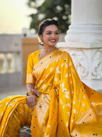 Yellow Varni Fabrics Women's Traditional Banarasi Silk Saree with Woven Design & Blouse